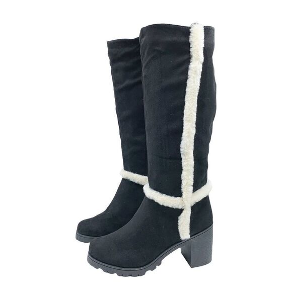 Weeboo‎ Black Faux Suede Allie-1 Chunky Heel Boot w/Fur Trim - Picture 2 of 15
